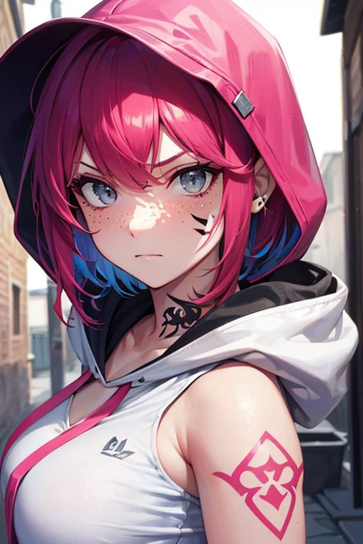 arcane style, 1girl, hoodie, arm tattoo, portrait, asymmetrical bangs, bandaid, short hair, bangs, breasts, freckles, grey eyes, large breasts, looking at viewer, neck tattoo, nose piercing, pink hair, scar, scar on face, solo, tattoo on face, upper body, detailed background, town, alley, dark alley, portrait, hood on head, night, angry, close up, closed mouth, , ((masterpiece)), absurdres