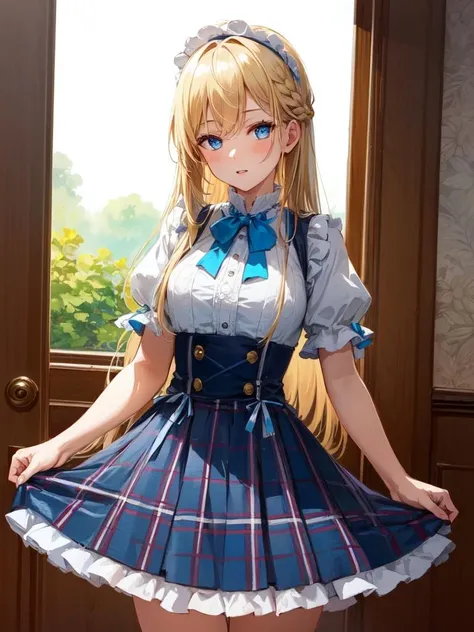 (masterpiece:1.2), (best quality:1.2), (intricate details), ultra high res, ultra detailed, beautiful and aesthetic, natural lighting, 1girl, slender, skinny, blonde hair, long hair, blue eyes, cowboy shot, far shot, CAIPIRA DRESS, plaid dress <lora:FestaJunina:1>