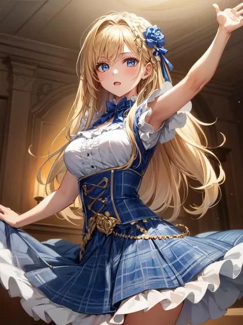 (masterpiece:1.2), (best quality:1.2), (intricate details), ultra high res, ultra detailed, beautiful and aesthetic, natural lighting, 1girl, slender, skinny, blonde hair, long hair, blue eyes, cowboy shot, far shot, CAIPIRA DRESS, plaid dress, medium breasts, dancing <lora:FestaJunina:1> <lora:add_detail:0.2>
