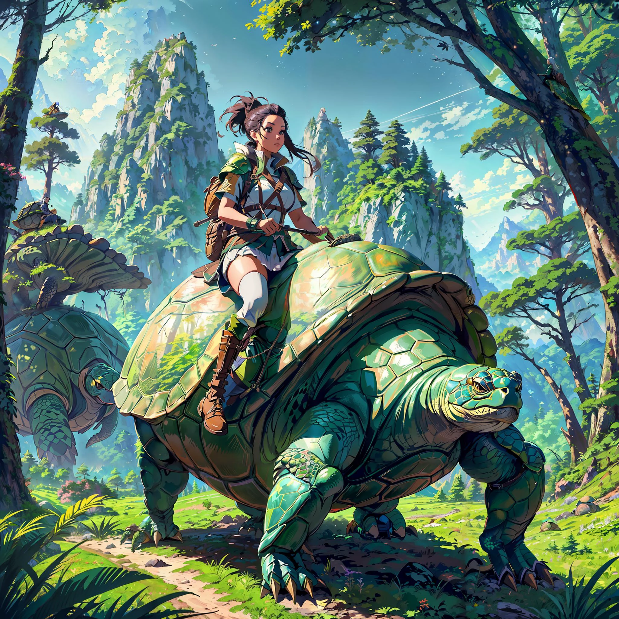 masterpiece, fantasy, best quality, anime style, wide-angle, full body shot, front view, beautiful_woman, in explorer_outfit, riding on the back of a giant_turtle, forest and mountians in background, natural lighting, soft lighting, (featured on pixiv:1.25), trending on artstation, precise line-art, <lora:riding_a:0.4>