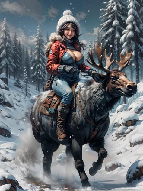 a woman riding a moose, voluptuous body, rolling eyes, cabin, ((outdoors, snow, winter outfit)), female pubic hair, vivid colors, vibrant, ((( large breasts:1.3))), bra, thick thighs, smile, winter pants, boots, <lora:add_detail:0.75> <lora:NijiExpressV2:0.2> <lora:hipoly_3dcg_v7-epoch:0.35> <lora:female pubic hair3:1> <lora:BEReaction:0.2> <lora:riding_a:0.6>