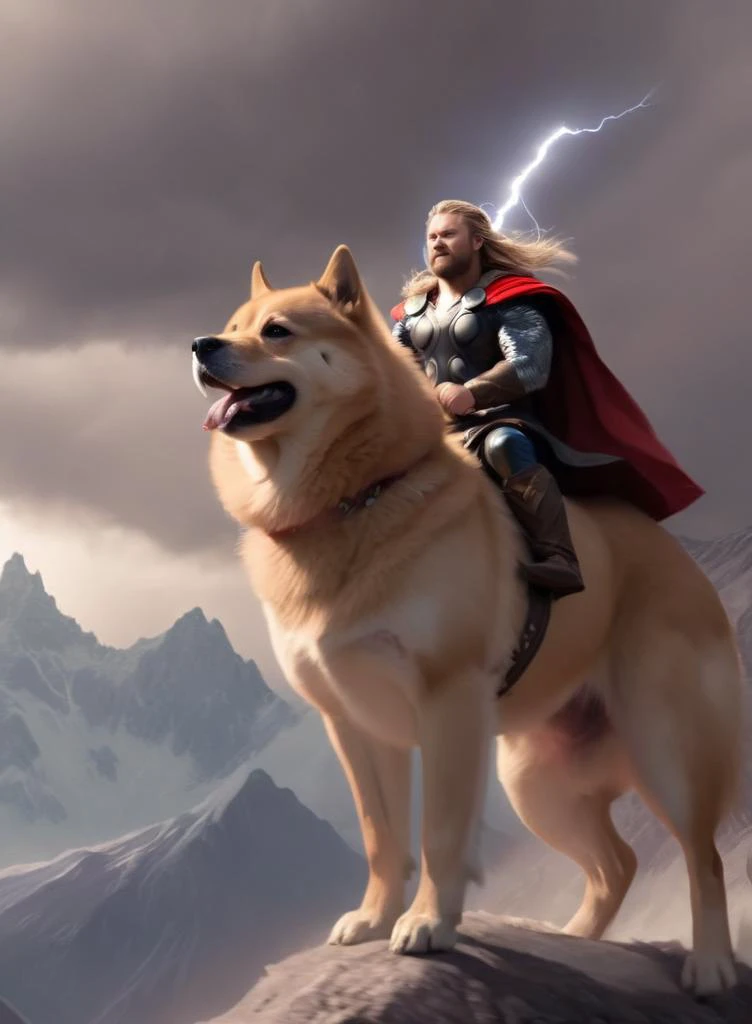 thor riding on a doge, lighting, mountains <lora:riding_on_a:1.3>