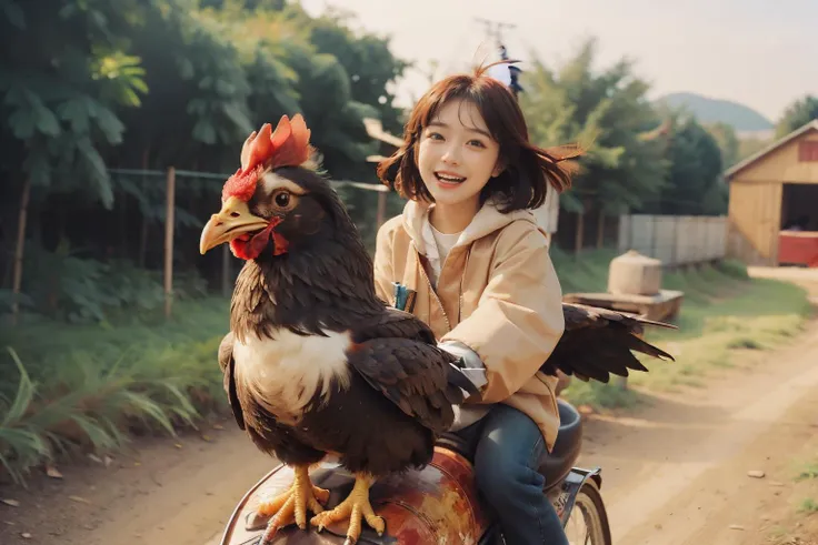 1girl,<lora:MengX girl_Mix_V40:0.8>,<lora:riding_a:0.8>,riding on a chicken,happy,smile,open mouth,waving,
