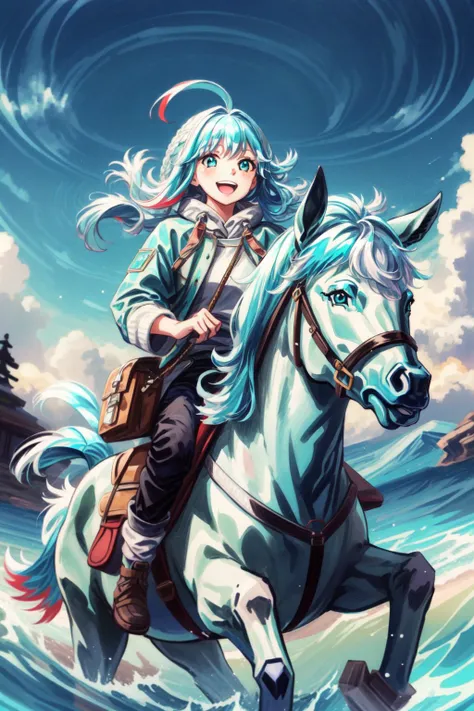 (masterpiece, best quality),  intricate details,
1girl, <lora:KoboHolo:0.8> Kobo, Multicolored hair, Aqua eyes,   kobo kanaeru, light blue hair, white hair tips, 
 <lora:riding_a:0.8> riding on a pony, laughing, smiling, 
 <lora:more_details:0.5> <lora:ttpt-fC-v2:0.4> ttpc-fc,  <lora:add_detail:0.4>