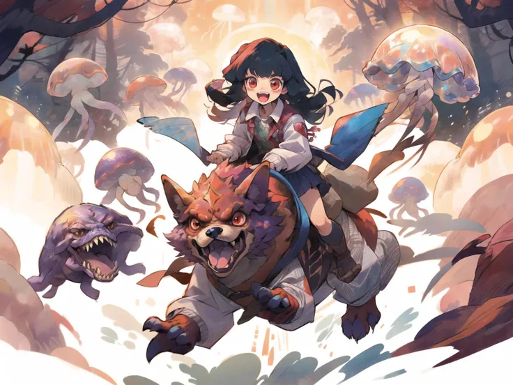 >_<, upper teeth only, ribbon, open clothes, white jacket, sleeves past wrists, knight, corgi, red eyes, open mouth, solo, long sleeves, doughnut, blue armor, bangs, long hair, white under shirt, shirt, :d, looking at viewer, teeth, jacket, jellyfish in background, bow, fake, big gryphon red eyes, open mouth, solo, long sleeves, doughnut, blue skirt, bangs, long hair, white shirt, shirt, :d, looking at viewer, teeth, jacket, , bow,, giant ultralisk jellyfish (riding a zergdog:1.3) , jellyfish forest, <lora:jellyfish-noise:1> jelly fish forest, <lora:riding_a:.7>, , monster, zerg, <lora:zerg-basic:.5>
