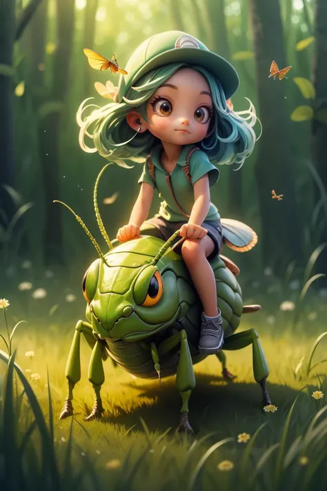 (masterpiece:1.2), (best quality:1.3), highres, ultradetailed, vibrant colors, 1girl, <lora:riding_a:0.6>, riding on a grasshopper, grass