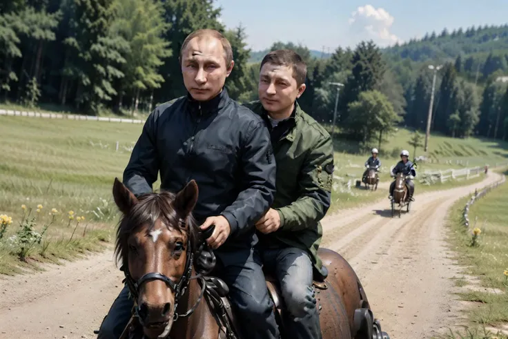 2boys, Putin, Zelensky, Putin and Zelensky riding on a horse together, horse riding, outdoor <lora:volodymyrZelensky_v10:1> <lora:riding_a:0.3>