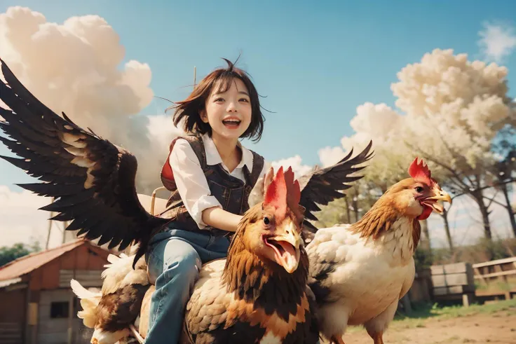 1girl,<lora:MengX girl_Mix_V40:0.8>,<lora:riding_a:0.8>,riding on a chicken,happy,smile,open mouth,waving,