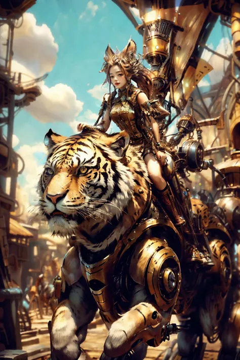 meccog, full shot, full body, Best quality, masterpiece, ultra high res, (photorealistic:1.4), absurdres,cinema lighting, (a best long shot photo of a mechanical girl),(koh_amberheard:0.9), insanely detailed face, fantasy scifi creature, hyper realistic, steampunk, intricate design, insanely detailed, fine details,   <lora:Steampunkcog:0.8>,beautiful,pretty face, <lora:riding_a:0.6>, a girl riding on a tiger,