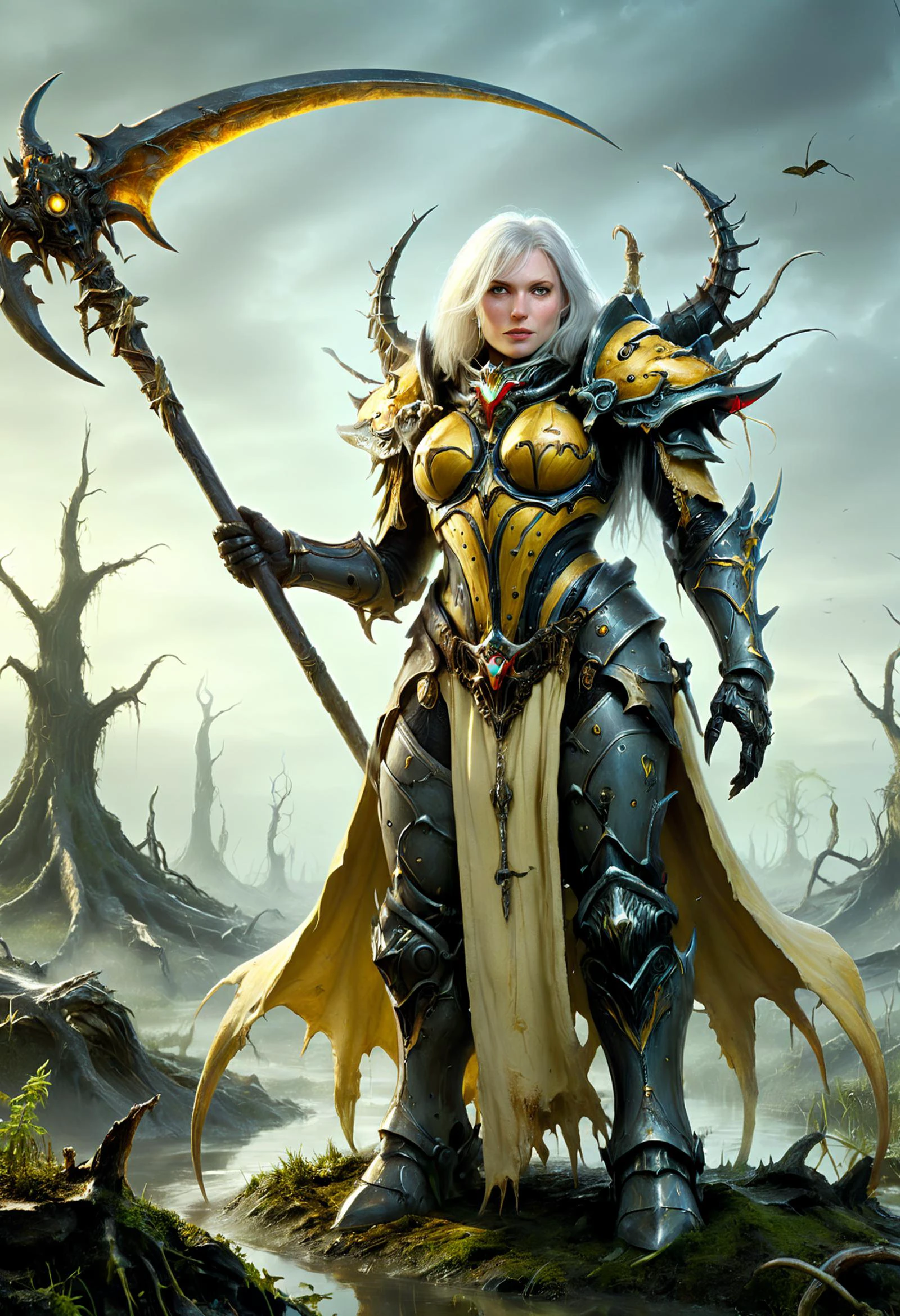 (Art by Drew Struzan), (masterpiece, best quality, hyper detailed, ultra realistic, 32k, RAW photo), full body shot of single ill deformed adepta sororitas with mutations, riding on a plague toad, (green putrid corroded) power armour, short yellow torn cape, holding a single long masssive scythe , messy yellow greasy hair, deformed horns growing from her skull, (fat), exposed belly with a mouth, postules, deformed, slight smile, dramatic pose, swamp in background, famous artwork inspired by (justin sweet:1.3), detailed expressive eyes, fantasy style, this image shows the "hairless slardgolem" in the lush urgled lands of the accursed planet "blundermoor ii", this slow and bumbling creature is tynding a derpsurilized horgsmuffler and attempts to balance atop stacks of horgubeling rofflegobler while surrounded by happily bouncing "delicate dumpfjuggers", <lora:add-detail-xl:0.8> <lora:adepta_sororitas_xl_v1:1> <lora:Desolation:0.4> <lora:RMSDXL_Enhance:0.8> <lora:quality1:0.8> <lora:XL_Weapon_Scythe_-_By_HailoKnight_V2:0.8> Scythe <lora:riding_on_a:1>