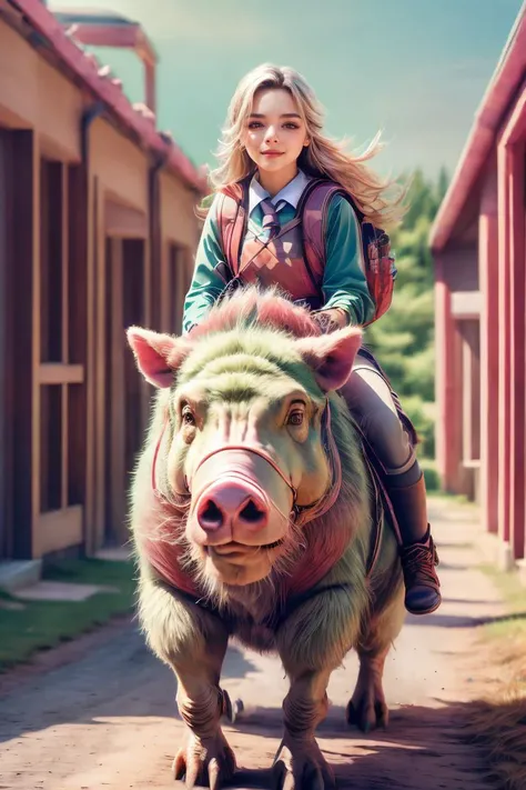 photography, masterpiece, best quality,HDR, highres,realistic details,style of sk3ll3t0n,
40K, HDR, highres, alpine field beautiful scenery,
1girl riding a boar to school,in uniform with a backpack,<lora:riding_a:0.7> , <lora:rz-purepastel-15-v1:1>