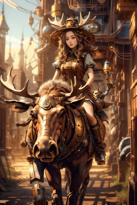 meccog, full shot, full body, Best quality, masterpiece, ultra high res, (photorealistic:1.4), absurdres,cinema lighting, (a best long shot photo of a mechanical girl),(koh_amberheard:0.9), insanely detailed face, fantasy scifi creature, hyper realistic, steampunk, intricate design, insanely detailed, fine details,   <lora:Steampunkcog:0.8>,beautiful,pretty face, <lora:riding_a:0.6>, a girl riding on a moose , hat,
