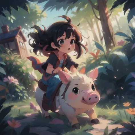 masterpiece, best quality, a girl riding on a piggy, (colorful), volumatic light, bust shot, extremely detailed CG unity 8k wallpaper,intricate, garden, fantasy, windy, sun light, (long black hair:1.3), <lora:riding_a:1>