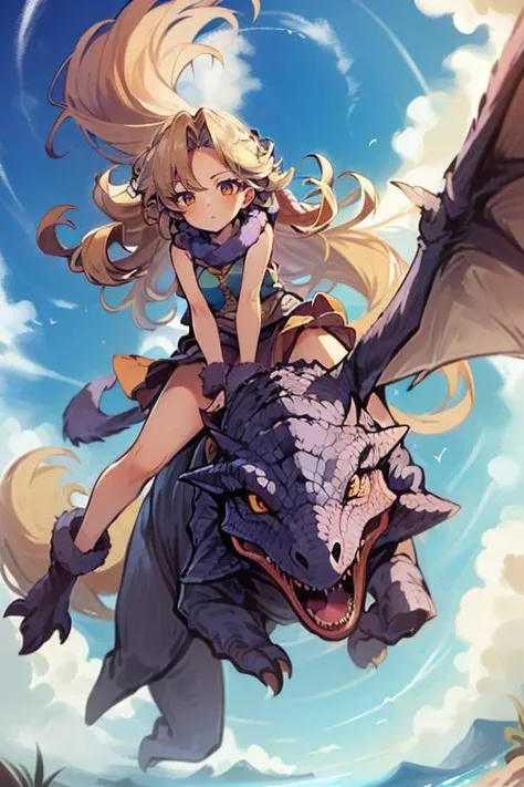 (masterpiece, best quality, highres, absurdres, ultra-detailed:1.3),<lora:Ayla_CT:0.8>((1girl, Ayla_CT, long blonde curly hair, purple fur scarf, purple skirt)), (outdoors, blue sky, clouds, from below: 1.2) <lora:riding_a:0.6> (riding a pterodactyl dinosaur)