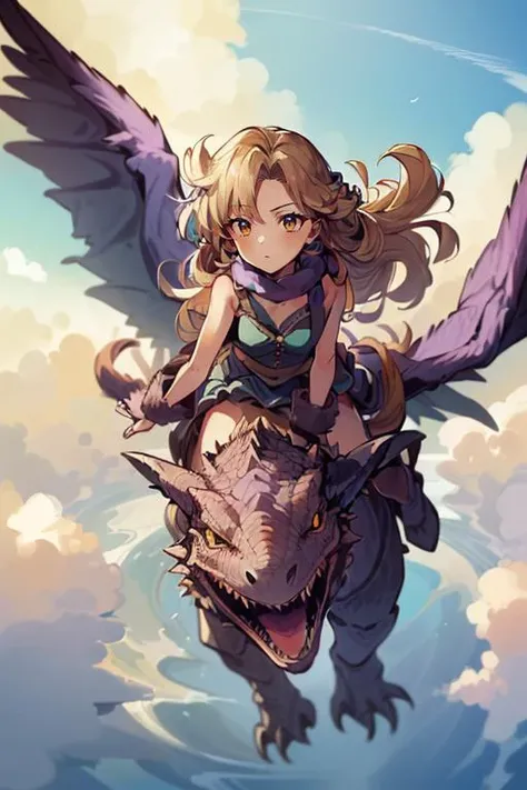 (masterpiece, best quality, highres, absurdres, ultra-detailed:1.3),<lora:Ayla_CT:0.8>((1girl, Ayla_CT, long blonde curly hair, purple fur scarf, purple skirt)), (outdoors, blue sky, clouds, from above: 1.2) <lora:riding_a:0.6> (riding a pterodactyl dinosaur)