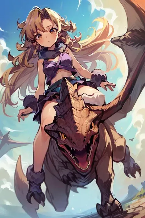 (masterpiece, best quality, highres, absurdres, ultra-detailed:1.3),<lora:Ayla_CT:0.8>((1girl, Ayla_CT,  long blonde curly hair, purple fur scarf, purple skirt)), (outdoors, blue sky, clouds, from below: 1.2) <lora:riding_a:0.6> (riding a pterodactyl dinosaur)