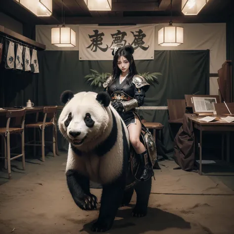 best quality, masterpiece, (photorealistic:1.4), full body, 1girl, symmetrical, highly detailed, harsh lighting, cinematic lighting, contrast, textured skin, hasselblad, 45 degree, photo of kiligkira, girl in samurai armor riding on a panda <lora:riding_a:0.4> <lora:kiligkira:0.8> ADDROW chubby panda