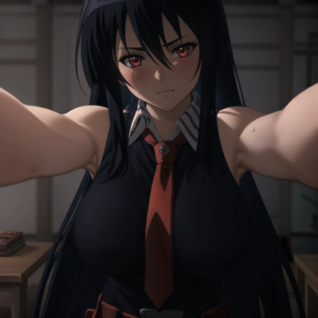 1girl,black background,
<lora:kabedon_receiver's_pov:1>,1girl solo, kabedon pov,
<lora:AkameWip9:0.8>,akame (akame ga kill),huge breasts,red eyes,black hair,piercing eyes,very long hair,bangs,hair between eyes,sleeveless black shirt,red tie,black skirt,white collar shirt,red belt,blush,sweat,