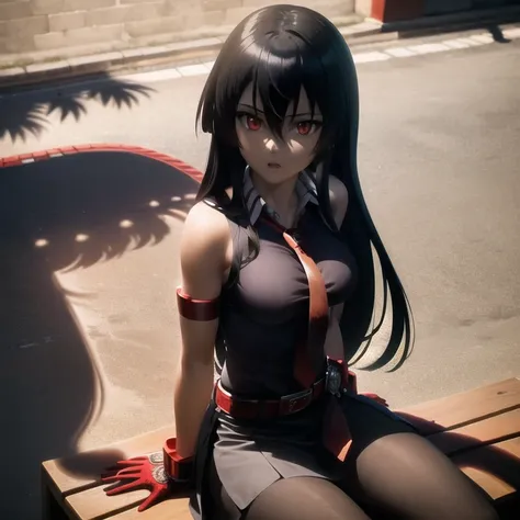 akame (akame ga kill!), (masterpiece, best quality, phone wallpaper), (((extremely detailed, intricate details, lush detail, insanely detailed face, beautiful red eyes, shiny skin, sharp eyes))), ((sitting in the centre of town, city in the back,  on a bench, dramatic shadows, vibrant colors, backlighting, depth of field, highleg, contrapposto, (very long hair))), (((solo, 1girl, shadow over face, full body))), black hair, ((medium breasts)), (( sleeveless black shirt, red tie, black skirt, white collar shirt, red belt, hidden hands)), bangs, hair between eyes, ass, big eyes, upper body, face focus, muscle, slim body, looking at viewer, long black gloves, red bracer