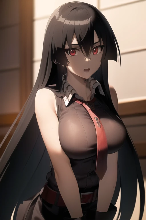 akame (akame ga kill!), (masterpiece, best quality), (((extremely detailed, intricate details, lush detail, insanely detailed face, beautiful red eyes, shiny skin, sharp eyes))), ((Indoors, dramatic shadows, vibrant colors, backlighting, depth of field, highleg, contrapposto, (very long hair))), (((solo, 1girl, shadow over face))), black hair, ((medium breasts)), (( sleeveless black shirt, red tie, black skirt, white collar shirt, red belt, hidden hands)), bangs, hair between eyes, ass, big eyes, upper body, face focus, muscle, slim body, looking at viewer, long black gloves, red bracer