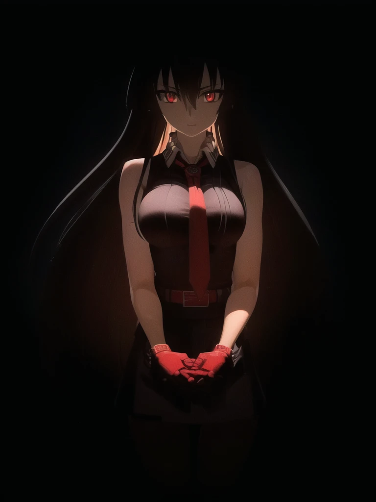 akame (akame ga kill!), (masterpiece, best quality), (((extremely detailed, intricate details, lush detail, insanely detailed face, beautiful red eyes, shiny skin, sharp eyes, hands behind back))), ((Indoors, dramatic shadows, vibrant colors, backlighting, depth of field, highleg, contrapposto, (very long hair))), (((solo, 1girl))), black hair, ((medium breasts)), (( sleeveless black shirt, red tie, black skirt, white collar shirt, red belt, hidden hands)), bangs, hair between eyes, ass, big eyes, upper body, face focus, muscle, slim body, looking at viewer, long black gloves, red bracer