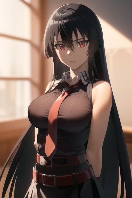 akame (akame ga kill!), (masterpiece, best quality), (((extremely detailed, intricate details, lush detail, insanely detailed face, beautiful red eyes, shiny skin, sharp eyes))), ((Indoors, dramatic shadows, vibrant colors, backlighting, depth of field, highleg, contrapposto, (very long hair))), (((solo, 1girl, shadow over face))), black hair, ((medium breasts)), (( sleeveless black shirt, red tie, black skirt, white collar shirt, red belt, hidden hands)), bangs, hair between eyes, ass, big eyes, upper body, face focus, muscle, slim body, looking at viewer, long black gloves, red bracer