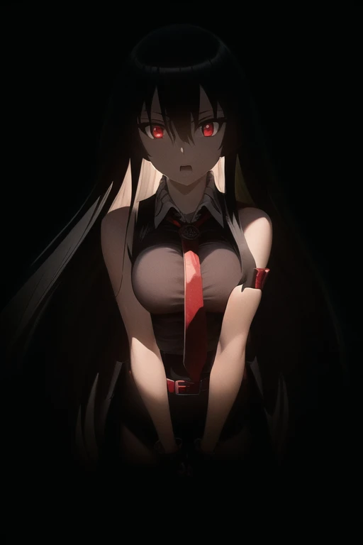 akame (akame ga kill!), (masterpiece, best quality), (((extremely detailed, intricate details, lush detail, insanely detailed face, beautiful red eyes, shiny skin, sharp eyes, hands behind back))), ((Indoors, dramatic shadows, vibrant colors, backlighting, depth of field, highleg, contrapposto, (very long hair))), (((solo, 1girl))), black hair, ((medium breasts)), (( sleeveless black shirt, red tie, black skirt, white collar shirt, red belt, hidden hands)), bangs, hair between eyes, ass, big eyes, upper body, face focus, muscle, slim body, looking at viewer, long black gloves, red bracer