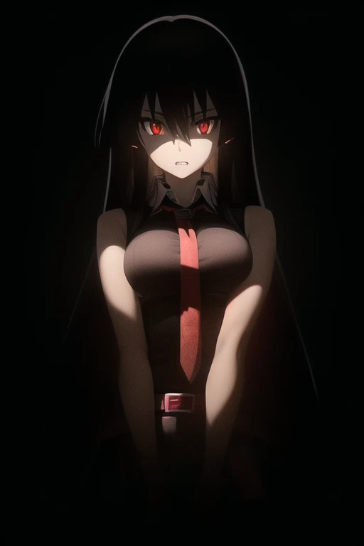 akame (akame ga kill!), (masterpiece, best quality), (((extremely detailed, intricate details, lush detail, insanely detailed face, beautiful red eyes, shiny skin, sharp eyes, hands behind back))), ((Indoors, dramatic shadows, vibrant colors, backlighting, depth of field, highleg, contrapposto, (very long hair))), (((solo, 1girl))), black hair, ((medium breasts)), (( sleeveless black shirt, red tie, black skirt, white collar shirt, red belt, hidden hands)), bangs, hair between eyes, ass, big eyes, upper body, face focus, muscle, slim body, looking at viewer, long black gloves, red bracer