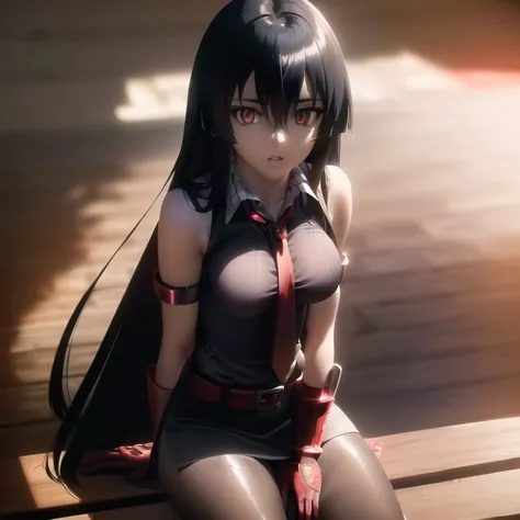 akame (akame ga kill!), (masterpiece, best quality, phone wallpaper), (((extremely detailed, intricate details, lush detail, insanely detailed face, beautiful red eyes, shiny skin, sharp eyes))), ((sitting in the centre of town, on a bench, dramatic shadows, vibrant colors, backlighting, depth of field, highleg, contrapposto, (very long hair))), (((solo, 1girl, shadow over face, full body))), black hair, ((medium breasts)), (( sleeveless black shirt, red tie, black skirt, white collar shirt, red belt, hidden hands)), bangs, hair between eyes, ass, big eyes, upper body, face focus, muscle, slim body, looking at viewer, long black gloves, red bracer