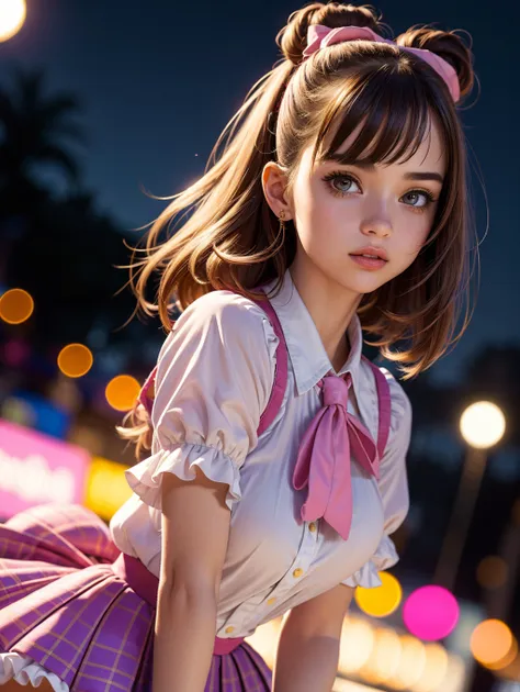 (best quality, masterpiece, colorful, dynamic angle, highest detailed) upper body photo, fashion photography of cute, intense short  pink, (ultrahigh resolution textures), in dynamic pose, bokeh, school girl (intricate details, hyperdetailed:1.15), detailed, moonlight passing through hair, perfect night, fantasy background, (official art, extreme detailed, highest detailed), HDR+ <lora:badhandsv5-neg:0.8> bad-hands-5