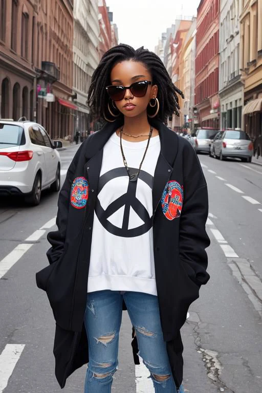 a woman in trendy streetwear, showcasing urban fashion and edgy accessories, street, peace sign, oversized clothes, messy hair, round eyewear,
masterpiece, best quality, intricate detail, 3d, 3d background,