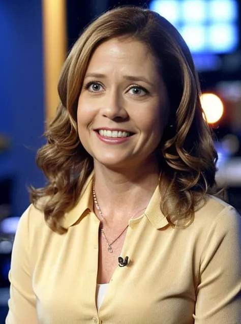 still image from the tv show the office, pam Beasley, sks woman, sexy outfit, epic (photo, studio lighting, hard light, sony a7, 50 mm, matte skin, pores, colors, hyperdetailed, hyperrealistic), <lora:jennaFischer_v10:1.4>