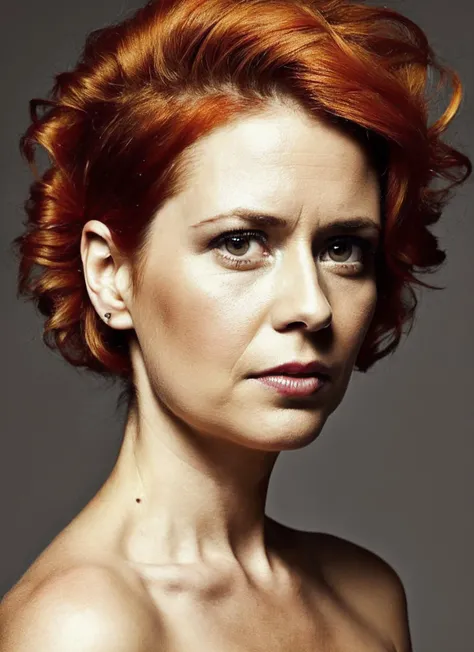 portrait of sks woman by Flora Borsi, style by Flora Borsi, bold, bright colours, orange Mohawk haircut, ((Flora Borsi)), <lora:locon_jenna_v1_from_v1_64_32:1.4>