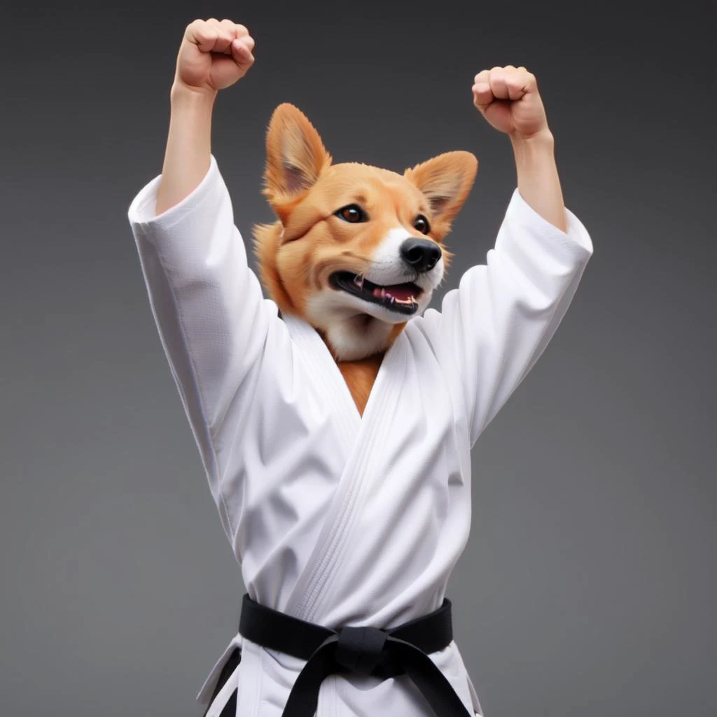 arm up, black belt , corgi, <lora:blackbelt_v1:0.7>