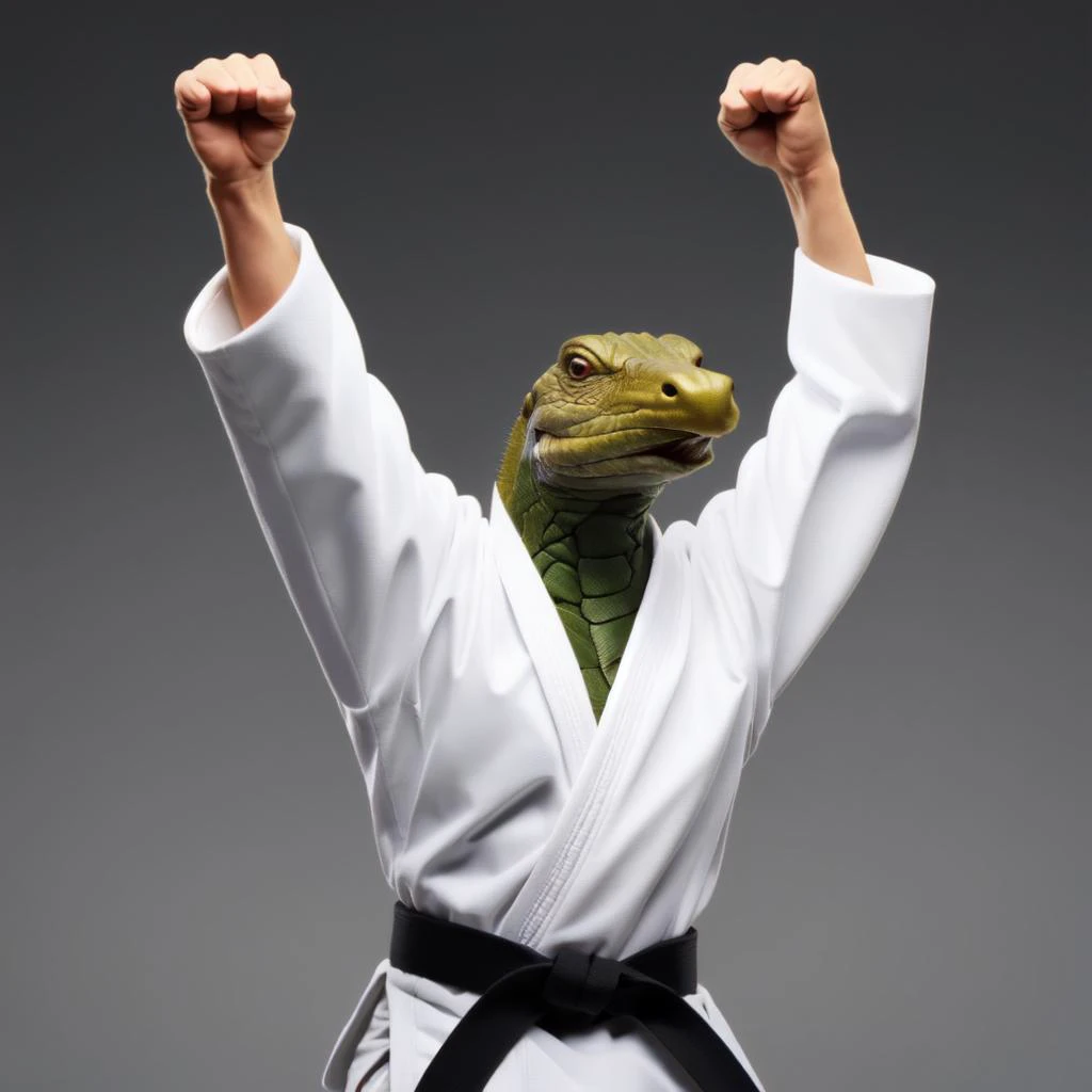 arm up, black belt , lizard, <lora:blackbelt_v1:0.7>