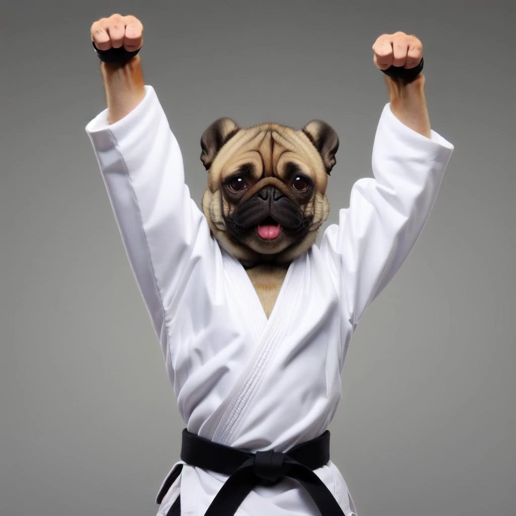 arm up, black belt , pug, <lora:blackbelt_v1:0.7>