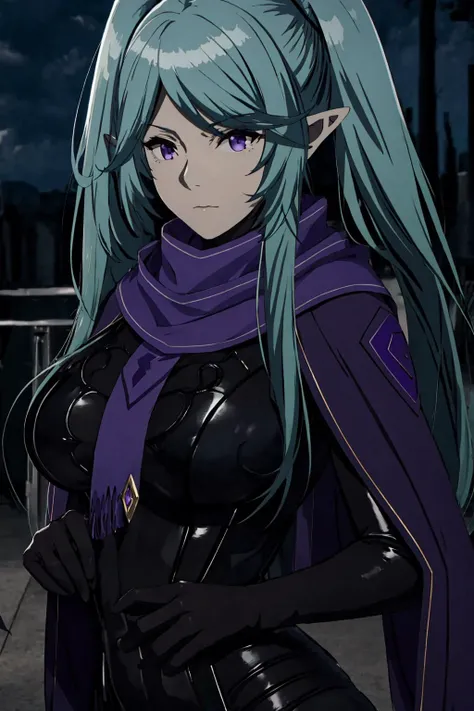 Epsilon <lora:Epsilon - NOxT:0.9> elf, young beautiful woman, (longt hair, twintails), purple eyes, (black bodysuit:1.2), large breasts, violet scarf, night <lora:LowRA:0.8>