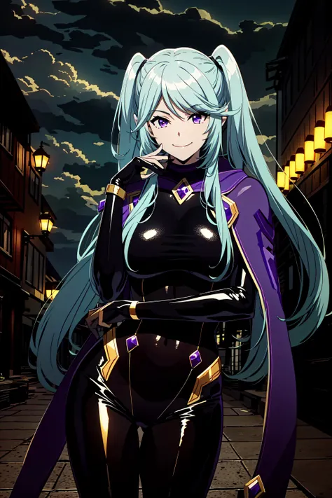 masterpiece, best quality, natural color, 1girl, <lora:epsilonTheEminenceIn_epsilonV1:0.7>,
bangs, blue hair, (shiny black bodysuit:1.5), gold trim, breasts, purple cape, purple eyes, purple gemstones, smile, solo, very long hair, twintails, skintight, toned,
night, outdoors, ((((((dark)))))), clouds, fantasy, town, dimly lit, <lora:epiNoiseoffset_v2:1>,