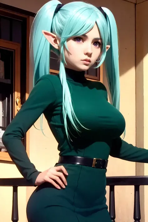 Epsilon <lora:Epsilon - NOxT:0.7> elf, young beautiful woman, (aqua hair,longt hair, twintails), purple eyes, (dark green dress long sleeve with collar:1.2) skirt, large breasts, balcony