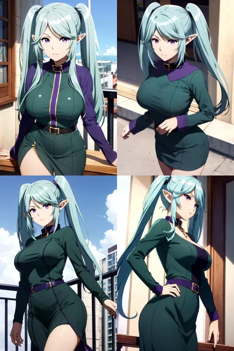 Epsilon <lora:Epsilon - NOxT:0.7> elf, young beautiful woman, (aqua hair,longt hair, twintails), purple eyes, (dark green dress long sleeve with collar:1.2) skirt, large breasts, balcony