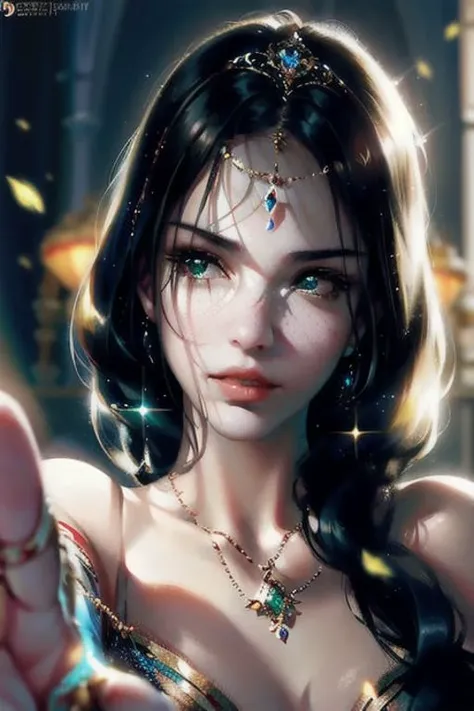 masterpiece, best quality, 1girl, half body, sad princess, fantasy, ((painting by wlop)) from artstation, glitter jewelry, glare, Iridescent, Global illumination, real hair movement, realistic light, realistic shadow, sideways glance, ((foreshortening)), soft light, dream light, perfect eyes, background 4k, romantic, high detail, crowns, gold and gems