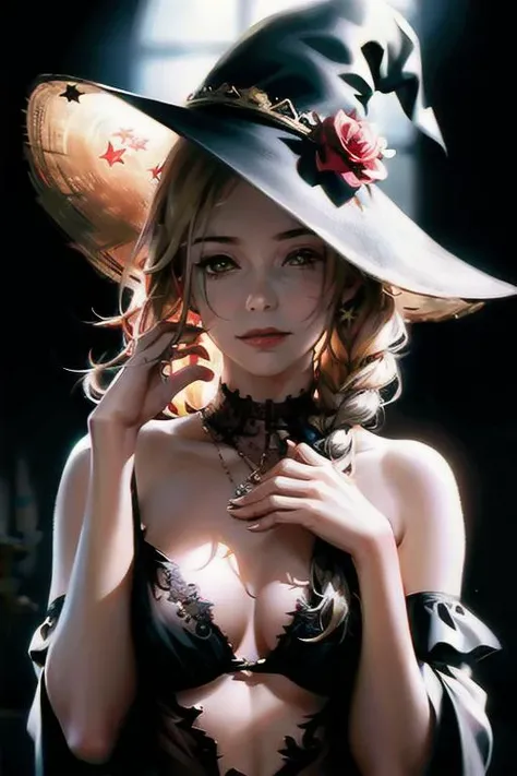 <(realistic:1.4), (extremely intricate:1.2)>, 1girl, solo, one eye closed, hat flower, star (symbol), long hair, smile, witch hat, frills, red flower, white bow, long sleeves, blonde hair, single braid, red rose, looking at viewer, black headwear, center frills, bowtie, bangs, closed mouth, hands up, BREAK, <(exquisitely detailed skin:1.3), cinematic light, rim lighting, ultra high res, best shadow, delicate>
