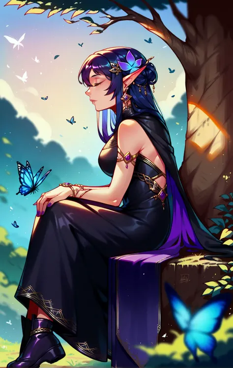 score_9,score_8_up,score_7_up,score_6_up,score_5_up,score_4_up 1girl,solo,long hair,breasts,black hair,hair ornament,dress,bare shoulders,jewelry,sitting,closed mouth,blue hair,closed eyes,purple hair,flower,earrings,boots,outdoors,pointy ears,cape,nail polish,black dress,from side,tree,lips,profile,leaf,bug,elf,butterfly,nature,branch,purple nails <lora:style_qt0ri_ponyXL:1>