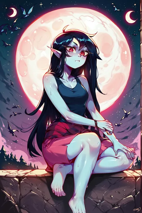 score_9,score_8_up,score_7_up,score_6_up,score_5_up,score_4_up rating_safe, moon, feet out of frame, one knee, upbeat, marceline from adventure time,, <lora:style_qt0ri_ponyXL:1>