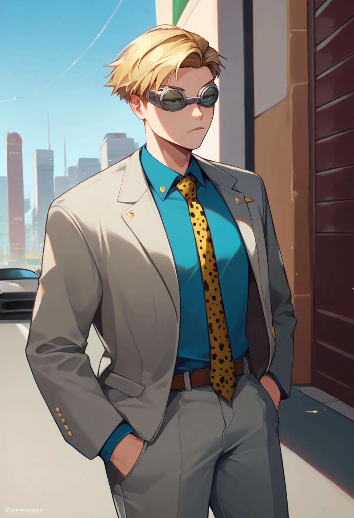 score_9, score_8_up, score_7_up, solo, male focus, 1boy, NanamiBase, expressionless, hands in pockets, blonde hair, short hair, goggles, grey jacket, yellow necktie, leopard print, blue shirt, collared shirt, grey pants, day, outdoors, city street, lamborghini <lora:style_qt0ri_ponyXL-DoRA:1.1> <lora:ChamKentoNanamiPonyXL:0.9>