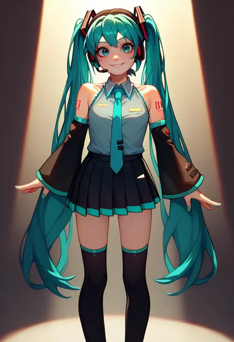 score_9, score_8_up, score_7_up, solo, 1girl, hatsune miku, smile, looking at viewer, standing, v, twintails, headset, grey shirt, sleeveless shirt, aqua necktie, detached sleeves, black skirt, black thighhighs, spotlight <lora:style_qt0ri_ponyXL-DoRA:1>