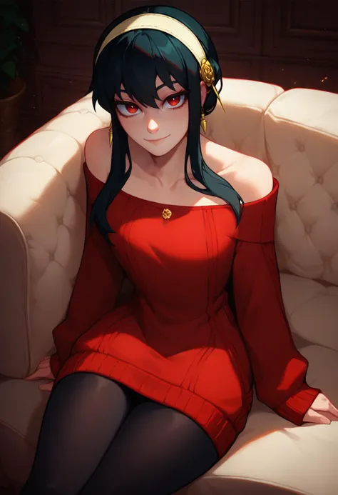 score_9, score_8_up, score_7_up, solo, 1girl, yor briar, smile, looking at viewer, sitting, couch, long hair, black hair, white hairband, red eyes, red sweater, sweater dress, long sleeves, black pantyhose, bare shoulders, collarbone, indoors <lora:style_qt0ri_ponyXL-DoRA:1.2>