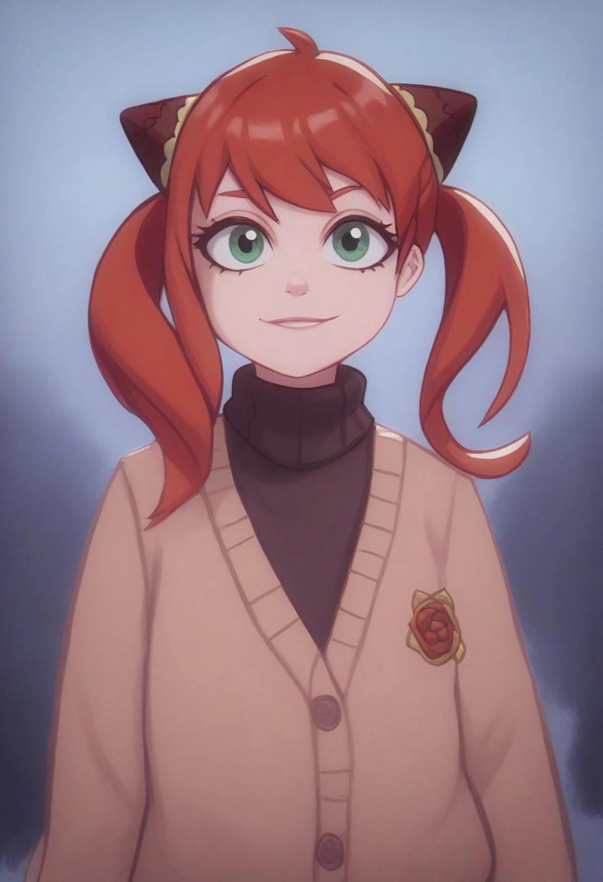 best quality,masterpiece:1.9, highres:1.9, score_9, score_8_up, score_7_up:1), 1girl,solo,newest,rating: general, looking at viewer , <lora:Anya_XL-step00001800:0.8> ,(braid around bun head twintails, Copper rose hair, Copper rose eyes, female , anya (spy x family,hairpods),childper rose sleeveless cardigan turtleneck), pants, close-up:1.9, snowy scenery, blush, curtsy, {{{Macro View1.9}}}, ng_deepnegative_v1_75t, OverallDetail, EyeDetail, portrait, source-anime