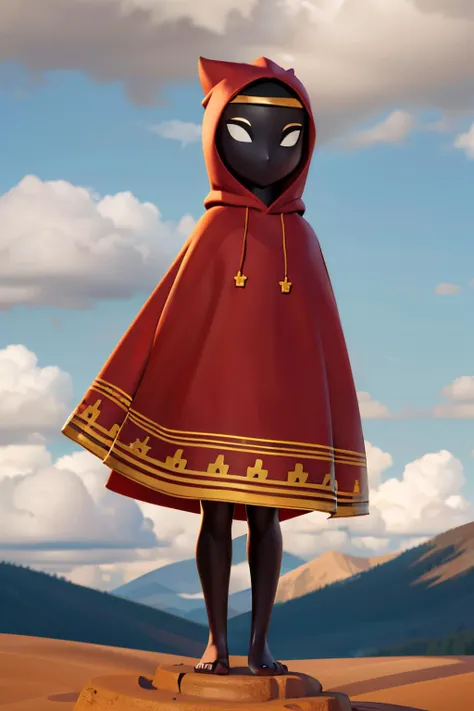 Traveler,white eyes,black skin,blank eyes,no mouth,featureless feet,hooded cloak,hood up,robe,ofuda,scarf,golden headband, looking at viewer, full body shot, standing, outside, cliff, mountains, clouds, high quality, masterpiece <lora:Traveler:.8>