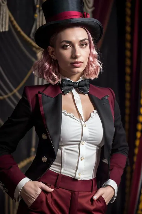 DEN_ae_blackwell,
(performing in a (circus:1.2) wearing a red and black (blazer:1.1) and white (shirt:1.1) and cream (trousers:1.1) and black bow tie and (top hat:1.1), ring leader, circus:1.2)
bokeh, f1.4, 40mm, photorealistic, raw, 8k, textured skin, skin pores, intricate details  <lora:epi_noiseoffset2:1>, epiCRealism
